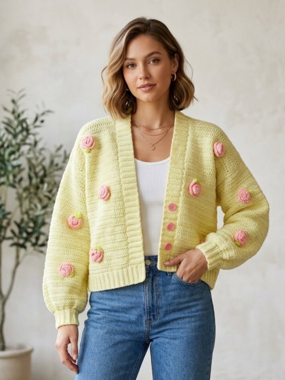 Hand Crochet Pastel Yellow Cardigan Sweater 3D Floral Rose Applique Chunky Knit